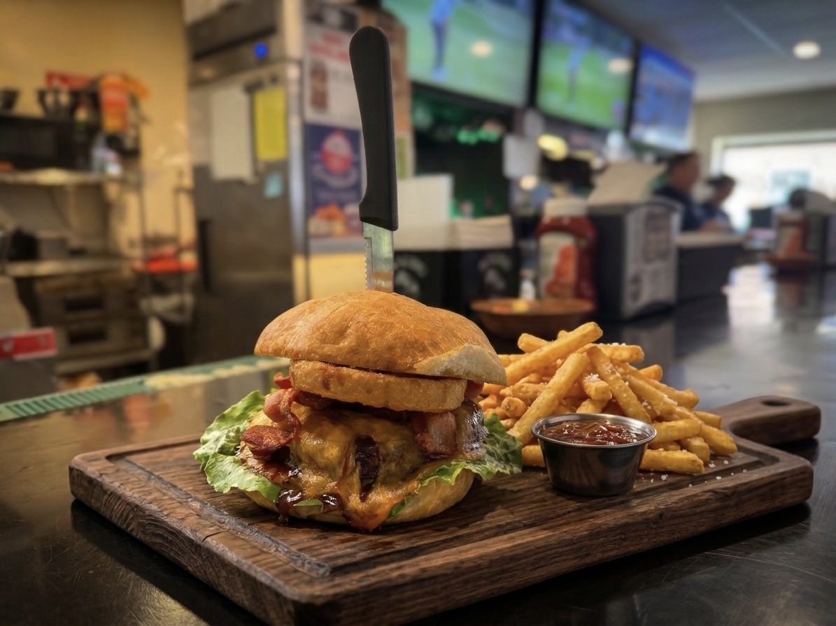 Cowboy burger with fries, Pastimes Pub & Grille