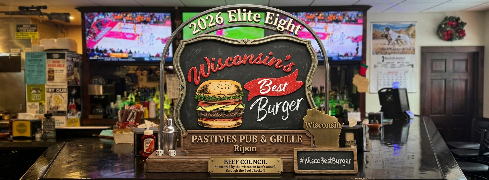 Wisconsin Beef Council Elite Eight Best Burger award trophy displayed on the Pastimes bar